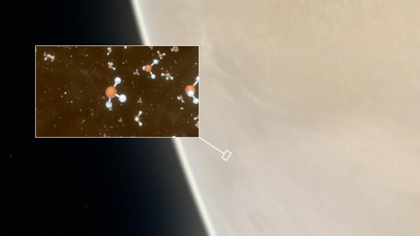 Artist's impression of Venus, with an inset showing a representation of phospine molecules's impression of Venus, with an inset showing a representation of phospine molecules