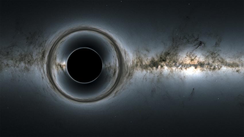 An image of our Milky Way in the night sky with a simulated large black hole moving through it. 