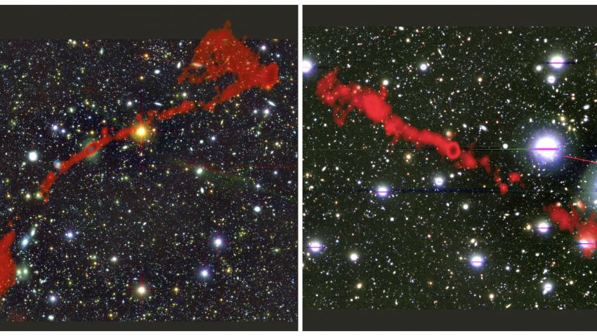 Image of two radio galaxies overlaid on an optical image of the sky.