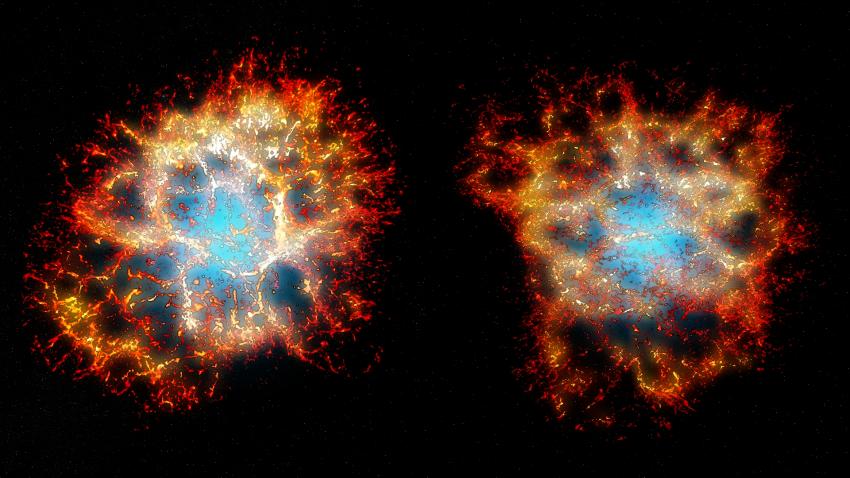 Two views of a 3D reconstruction of the Crab nebula