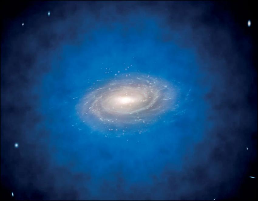 Image of a spiral galaxy surrounded by a blue cloud representing the dark matter halo