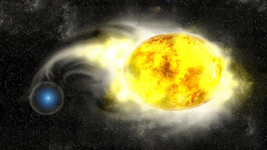Artist's impression of a small blue star accreting material from its much larger yellow binary companion
