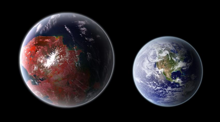 Side-by-side artist's impressions of Kepler 422-b and Earth