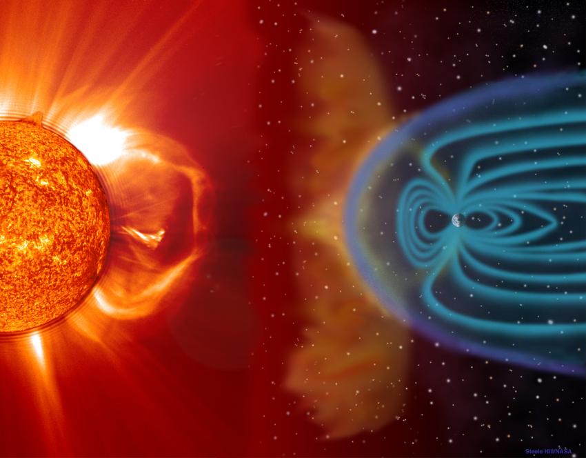 An illustration of material being ejected from the Sun (left) interacting with the magnetosphere of the Earth (right)