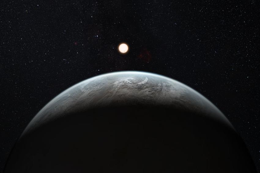 This artist’s impression shows the planet orbiting the Sun-like star HD 85512 in the southern constellation of Vela (The Sail). This planet is one of sixteen super-Earths discovered by the HARPS instrument on the 3.6-metre telescope at ESO’s La Silla Observatory. This planet is about 3.6 times as massive as the Earth lis at the edge of the habitable zone around the star, where liquid water, and perhaps even life, could potentially exist.