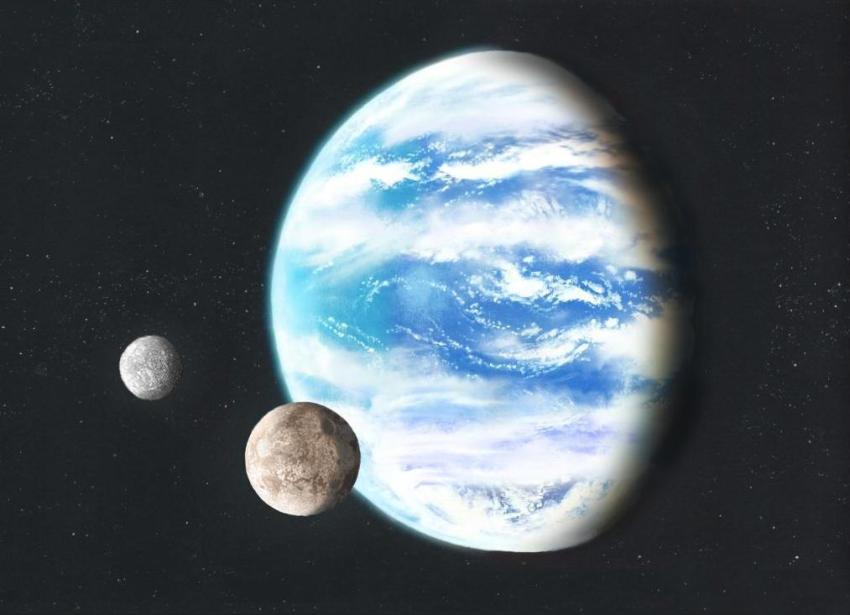 Artist's impression shows a blue and white ocean covered planet with 2 small grey moons.