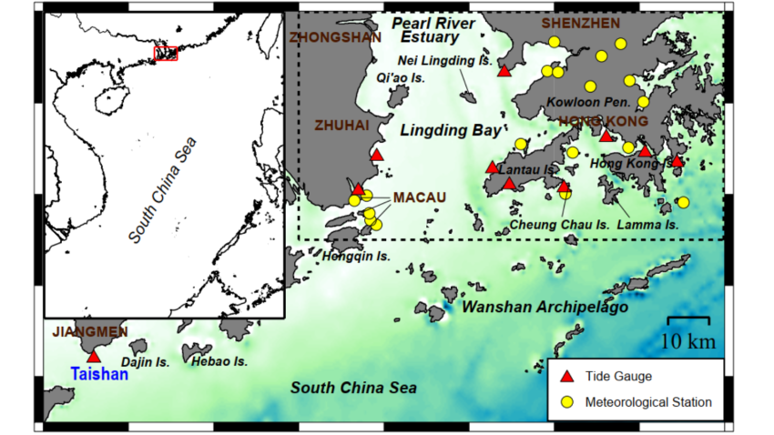A map of the Lingding Bay area marked with red triangles and yellow circles, corresponding to tide gauges and meteorological stations respectively. The map is in a green hue, with a grey background.