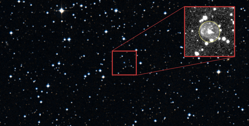 Image of a star field with a red square in the centre highlighting a small group of stars.