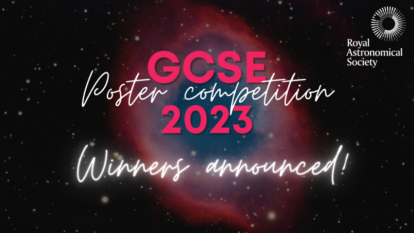 Image of the Bubble Nebula overlaid with the RAS logo in the top right corner and text in the centre reading "GCSE Poster Competition 2023 Winners Announced!"