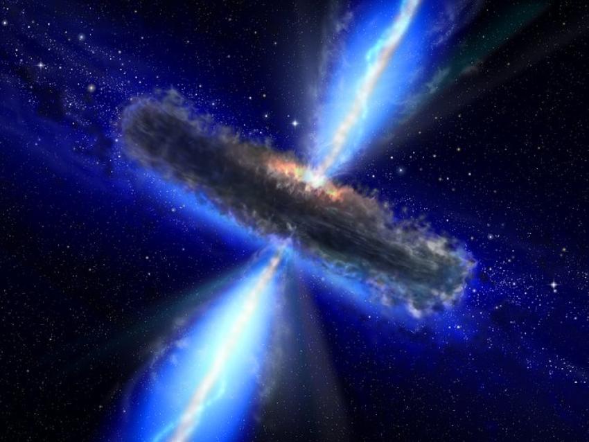 An artist's impression of a disc shaped cloud of dust around a black hole. Two jets coming from either side of the disc appear bright blue and extend towards the outside of the image.