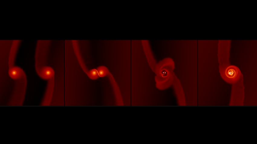 Four panels showing the stages of gravitational interactions between two black holes.