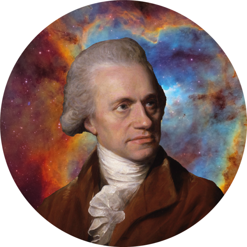 A painting of William Herschel with a nebula in the background