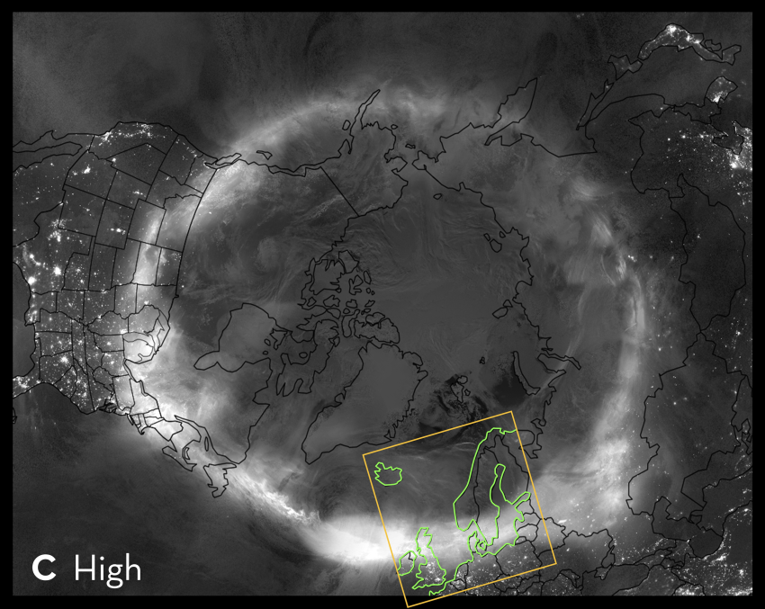 An image of the Earth from the North pole showing the reach of the ring of the aurora extended to the UK. 