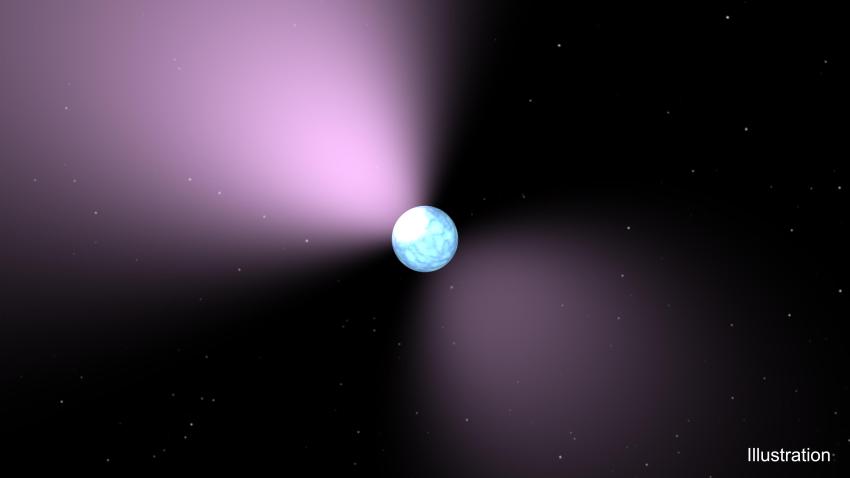 This artist's concept shows a pulsar, which is like a lighthouse, as its light appears in regular pulses as it rotates.