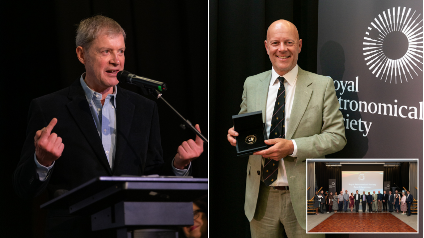 Professor Gilles Chabrier (left) and Professor John-Michael Kendall (right) pick up their Royal Astronomical Society Gold Medals, along with other prize winners (inset).