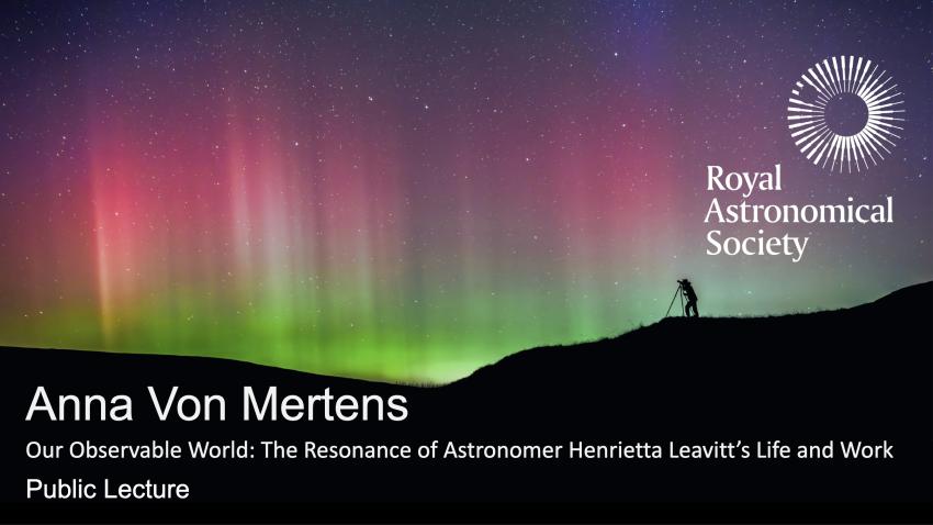 Picture of the Northern Lights with the RAS logo and text with details of Anna Von Mertens' talk.