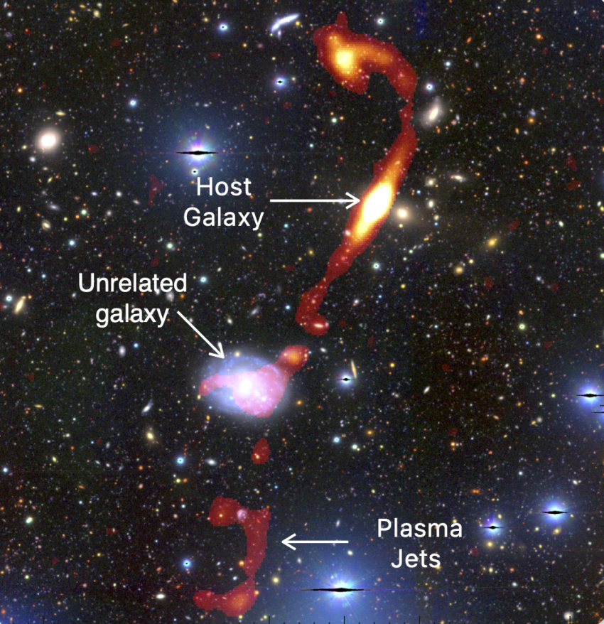 The newly-discovered giant radio galaxy ‘Inkathazo’. The glowing plasma jets, as seen by the MeerKAT telescope, are shown in red and yellow. The starlight from other surrounding galaxies can be seen in the background.