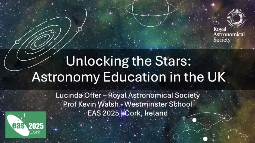 Title slide with a multi-colour dust and star field background with galaxy line art 