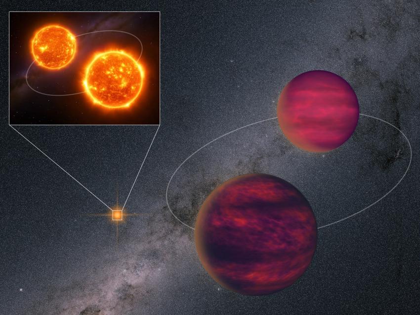 An artist's impression of the UPM J1040−3551 system against the backdrop of the Milky Way as observed by Gaia.