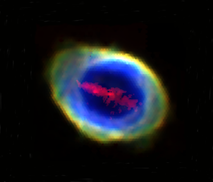 A composite RGB image of the Ring Nebula (also known as Messier 57 and NGC 6720) constructed from four WEAVE/LIFU emission-line images.