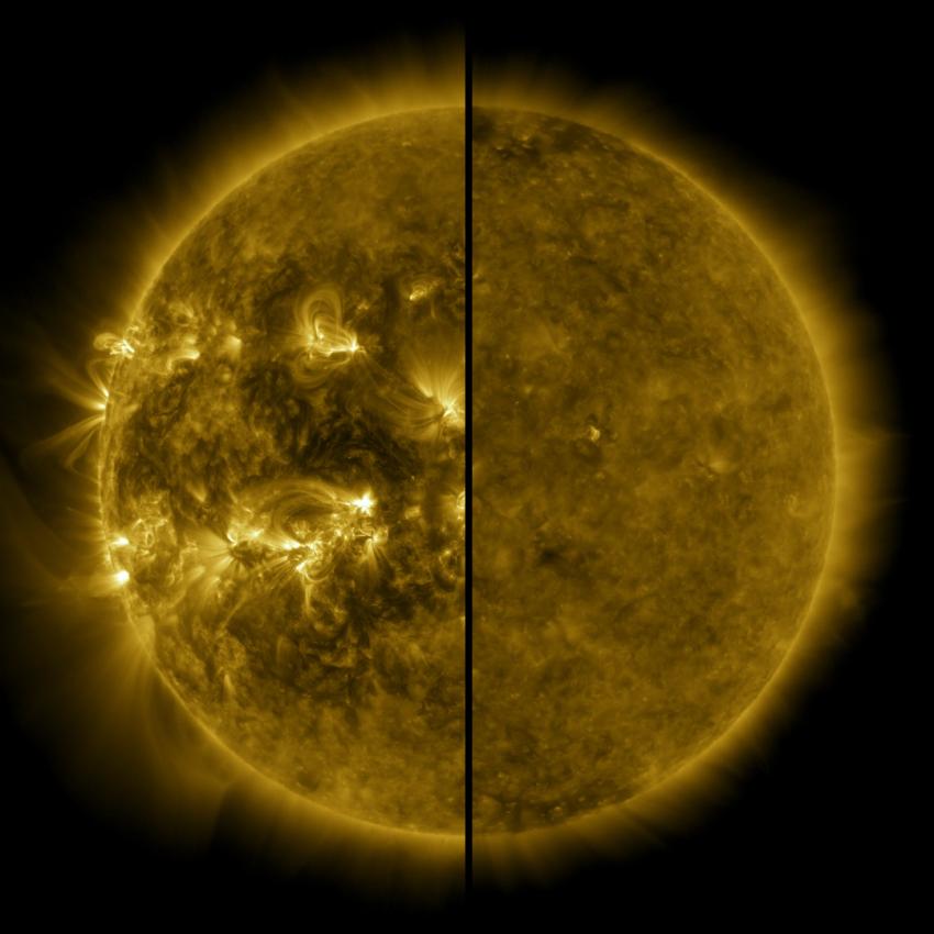 A split image showing an active Sun during solar maximum (on the left, taken in 2014) and a quiet Sun during solar minimum (on the right, taken in 2019).