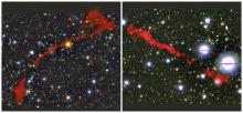 Image of two radio galaxies overlaid on an optical image of the sky.