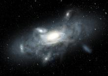 An artist's impression of a large blue-grey galaxy in space, surrounded very closely by 5 smaller satellite galaxies which appear grey in colour. Faint background stars are seen surrounding all of the galaxies.