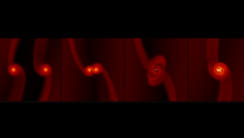 Four panels showing the stages of gravitational interactions between two black holes.