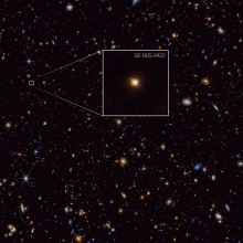 The newly-discovered GS-NDG-9422 galaxy appears as a faint blur in this James Webb Space Telescope NIRCam (Near-Infrared Camera) image.