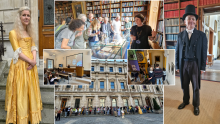 Images of actors playing Caroline and John Herschel, visitors looking at exhibits in the Royal Astronomical Society library, and queues of people outside New Burlington House.