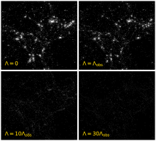 Amount of stars (white) produced in universes with different dark energy densities. Clockwise, from top left, no dark energy, same dark energy density as in our Universe, 10 and 30 times the dark energy density in our Universe.