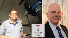 Royal Astronomical Society Fellows Paul Fellows (left) and Howard Parkin (right) have been recognised in the New Year Honours for services to astronomy. Inset is an MBE, which Mr Parkin has received.