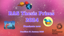 Graphic showing the RAS Thesis Prizes 2024 and deadline for nominations on a pink starry background.